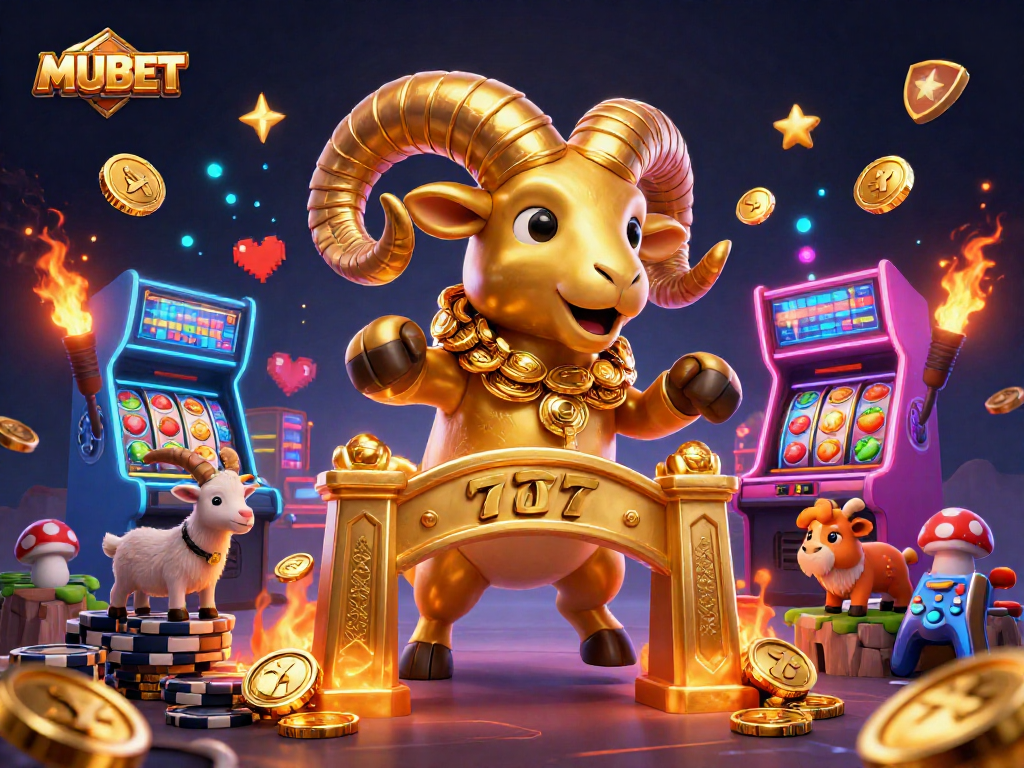 MUBET features a golden ram charging, surrounded by vibrant slot machines and casino elements.