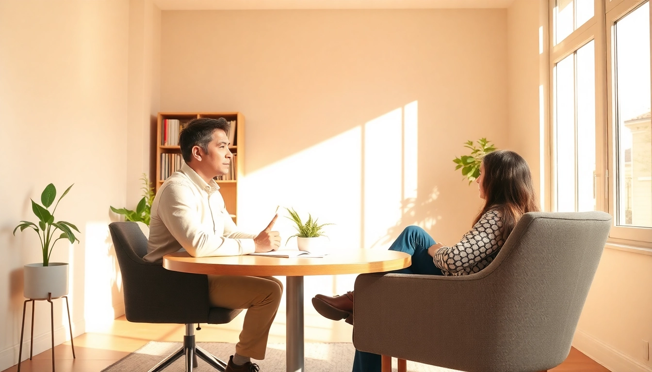 Die Szene zeigt coaching in Lebenskrisen, wo ein Coach einem Klienten in einem freundlich gestalteten Coaching-Raum unterstützt.