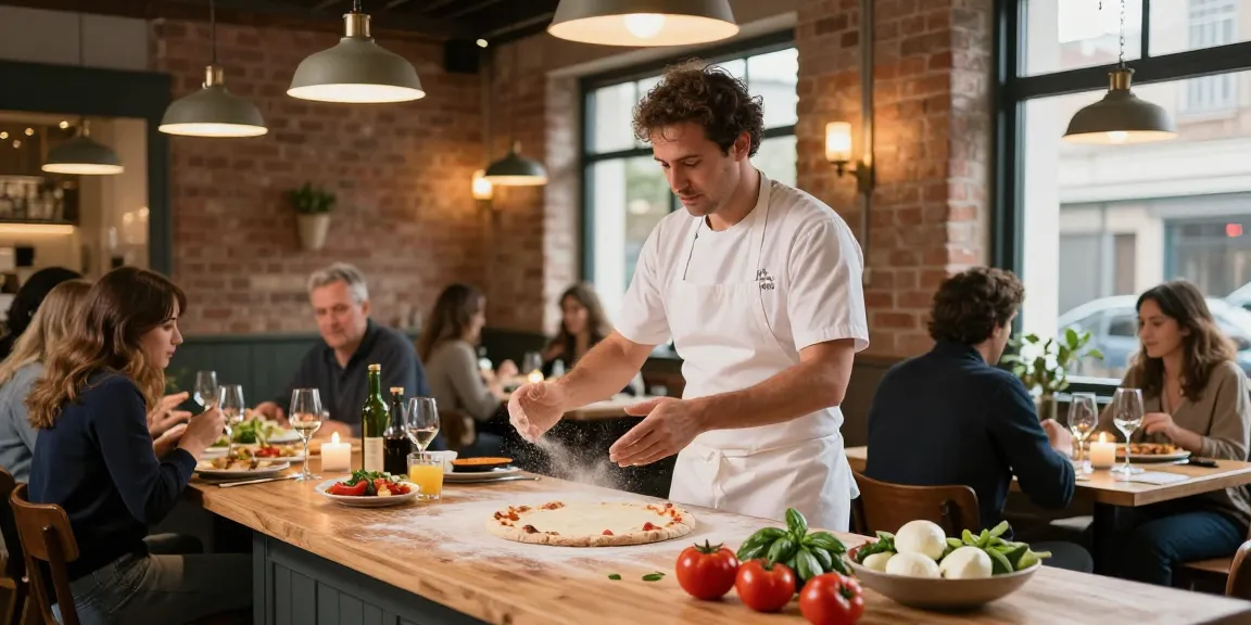 Delicious pizza-making scene at Pizzeria Madera showcasing pg soft ingredients like fresh dough and vibrant vegetables