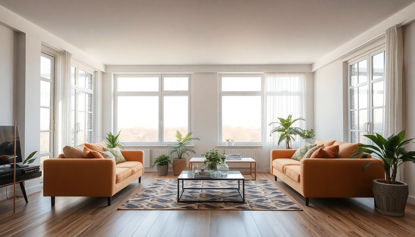 Raumgestaltung in einem sonnigen, modernen Wohnraum mit Pflanzen und harmonischen Farben.