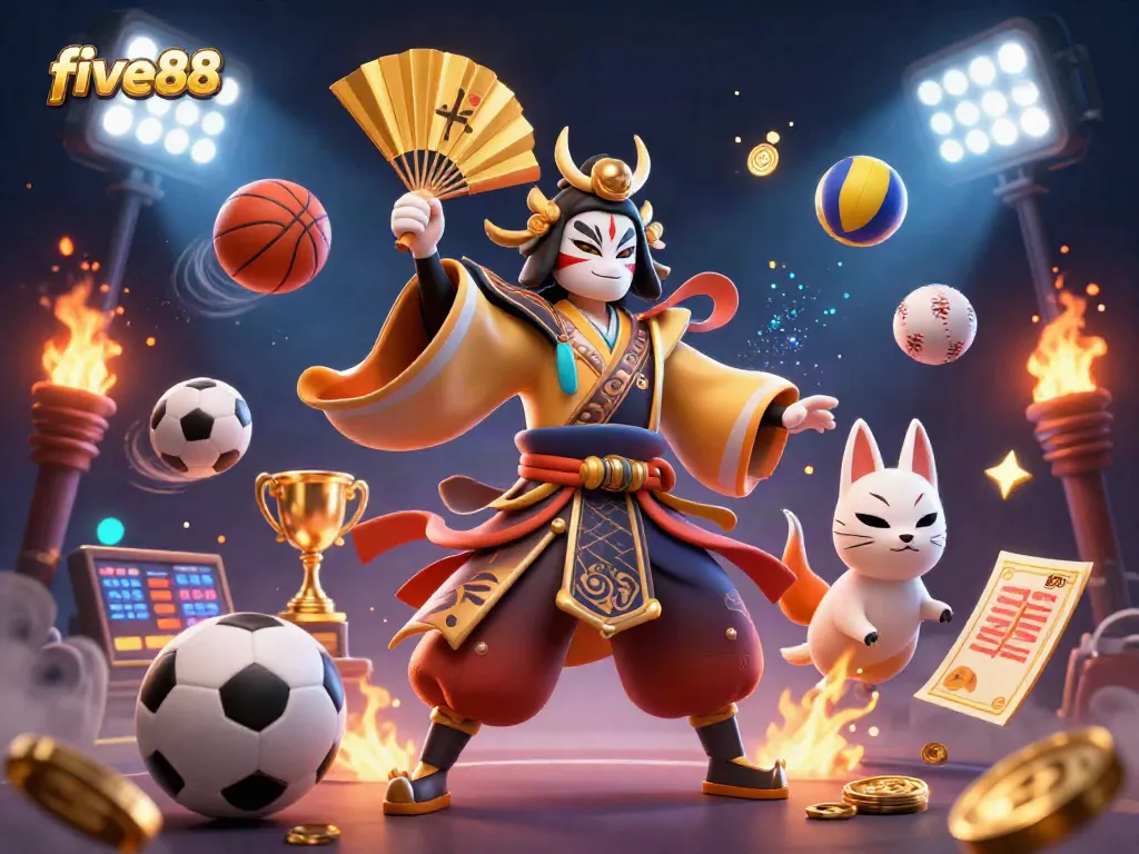 Unleash the thrill of five88 with this vibrant 3D depiction, showcasing spirited gaming elements and a kabuki warrior.