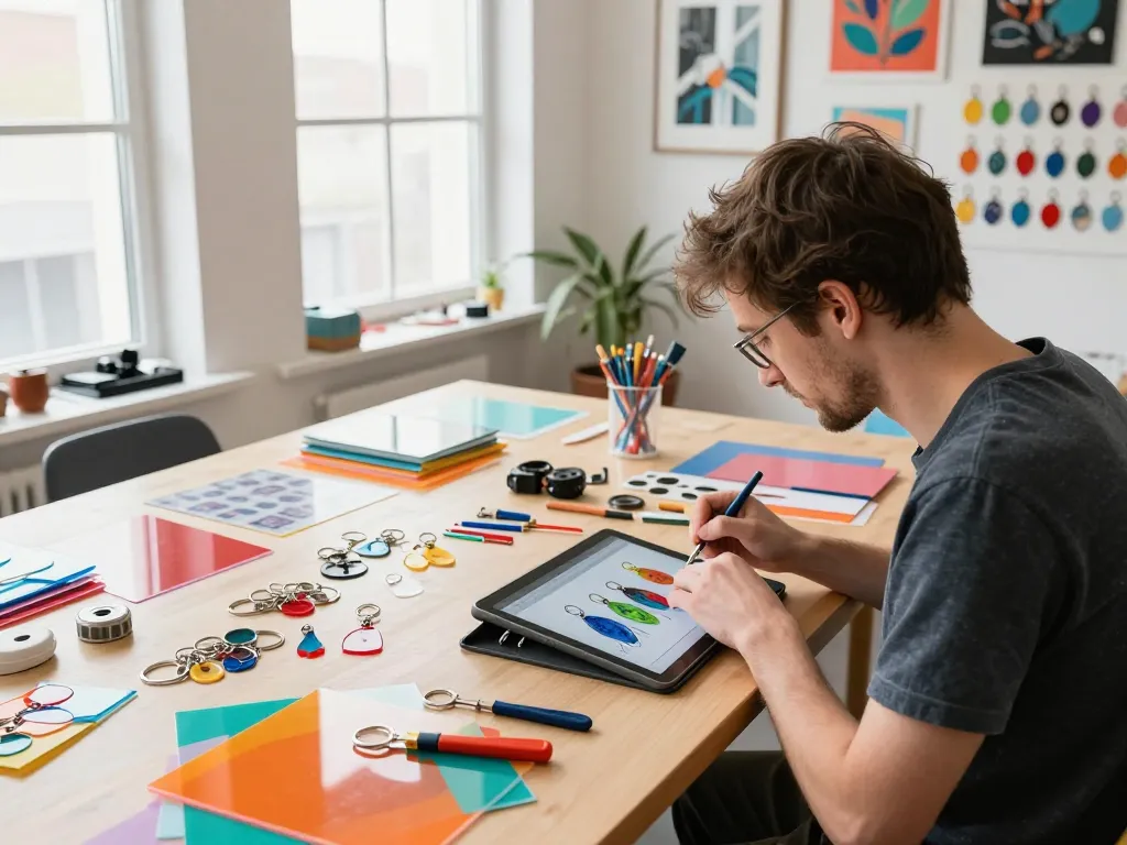 Artist designing custom acryl schlüsselanhänger in a creative workshop with colorful supplies.
