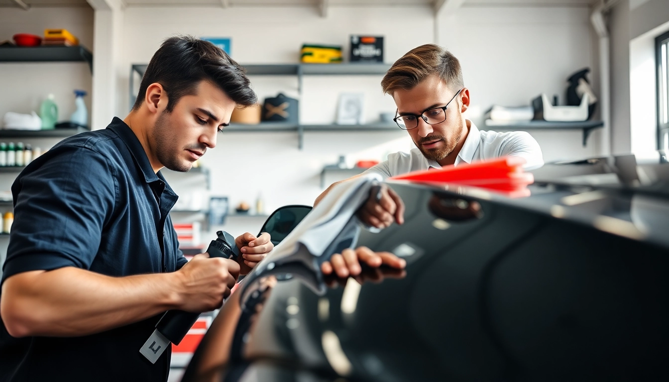 Fahrzeugaufbereiter arbeitet an einem luxuriösen Auto mit professionellen Werkzeugen.