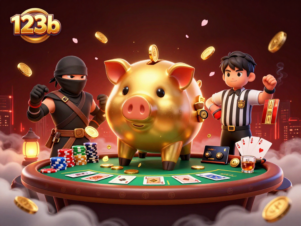 123b showcases a vibrant casino scene with a golden piggy bank wrestler and dynamic poker elements.