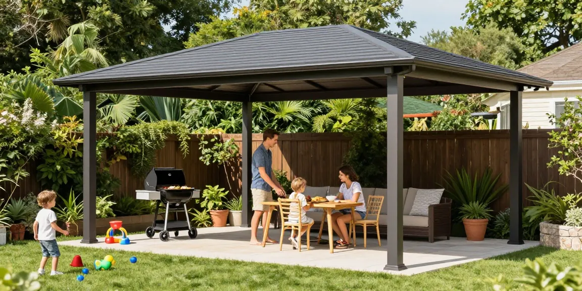 Freistehende Terrassenüberdachung mit einer Familie, die einen sonnigen Tag genießt.