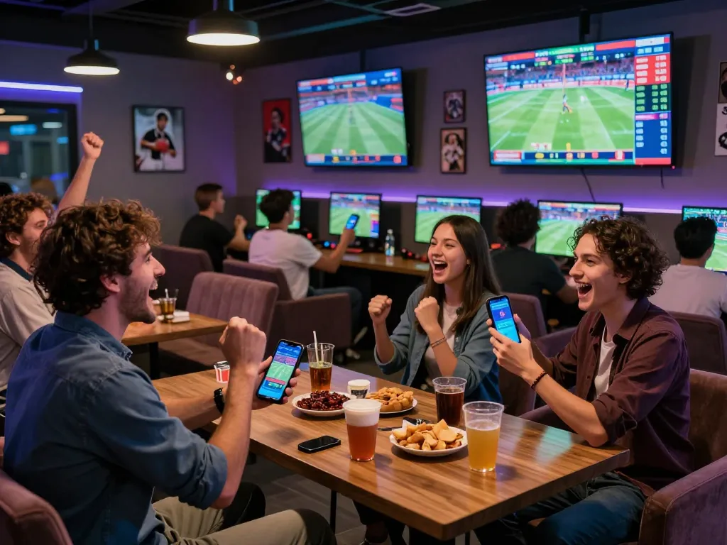Exciting sports betting scene with diverse friends celebrating debet moments in a lively gaming hub.
