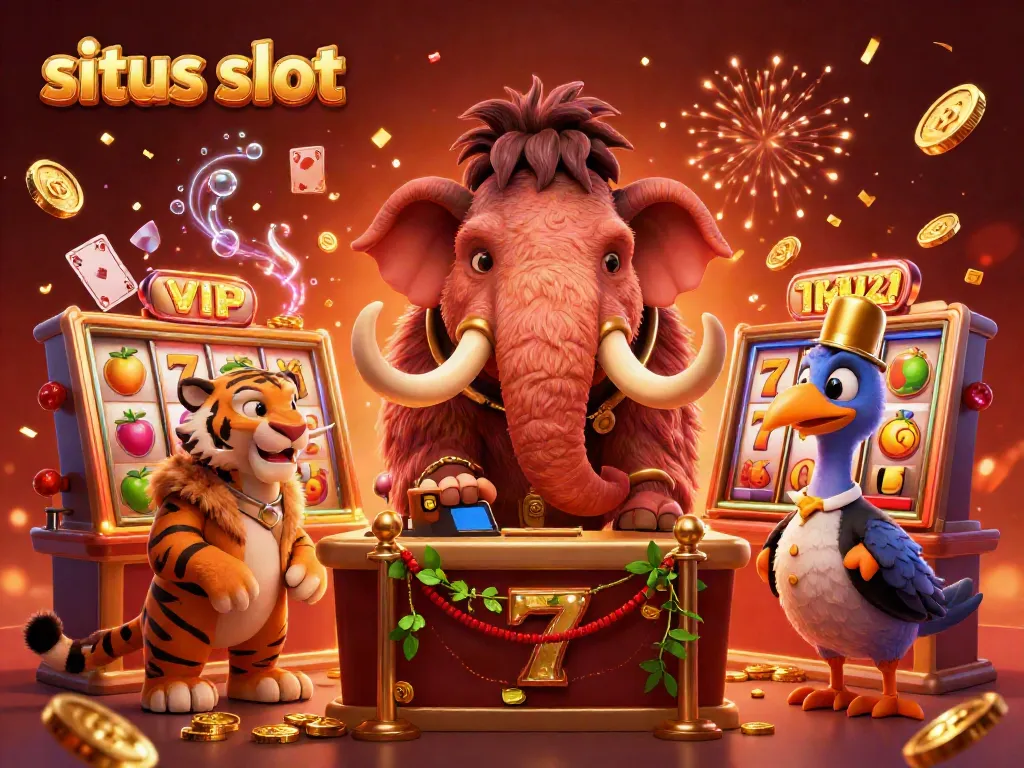 Spin to win at situs slot with a colorful illustration of a unique casino scene featuring a mammoth bouncer and vibrant elements.