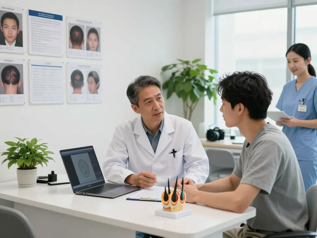 Beratung zur Haartransplantation Türkei in einer modernen Klinik, die freundliche Interaktionen und fortschrittliche Technologie zeigt.