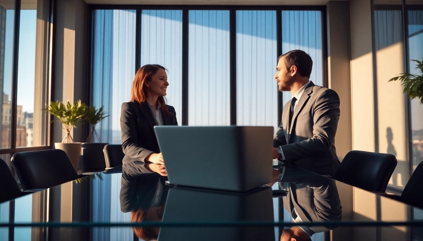 Headhunter IT advising a candidate in a modern office setting.