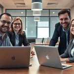 Werbefachleute entwerfen kreative werbung pflegedienst mit Notizen und Laptops.