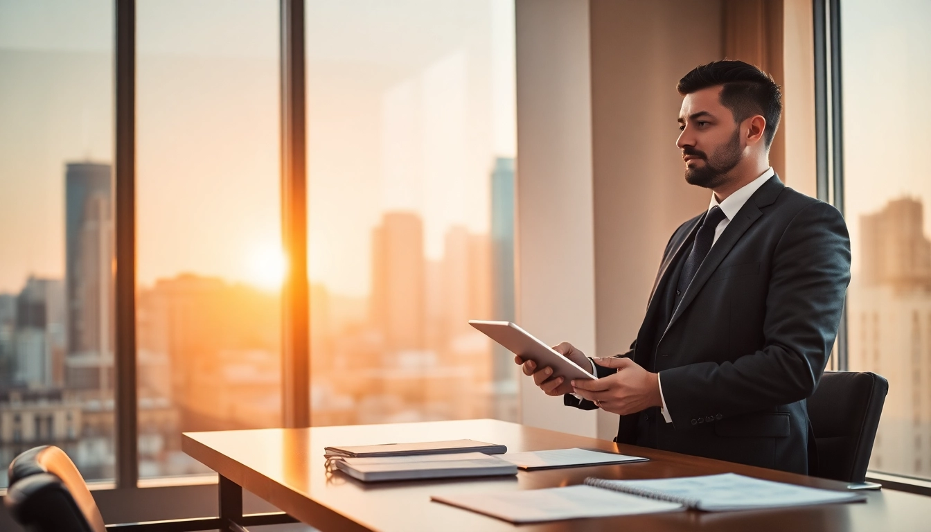 Headhunter arbeitet konzentriert in einem eleganten Büro an einem Tablet.