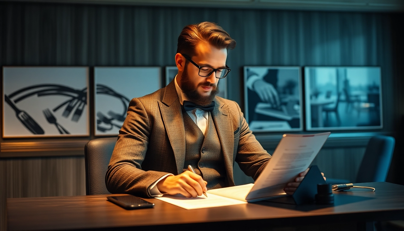 Professioneller Headhunter Gastronomie überprüft Bewerbungen in einem eleganten Büro.