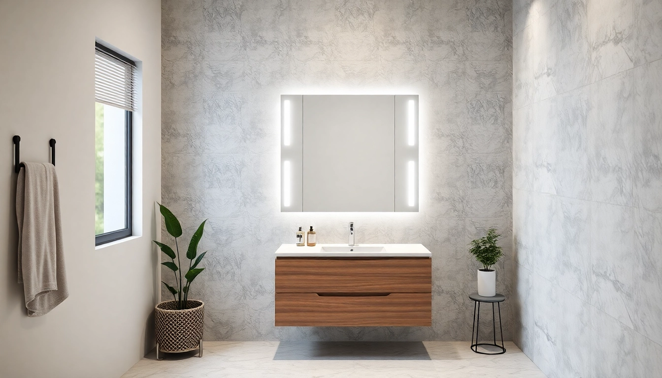 Spiegelschrank mit LED Beleuchtung in modernem Badezimmer, das elegantes Design und warmes Licht präsentiert.