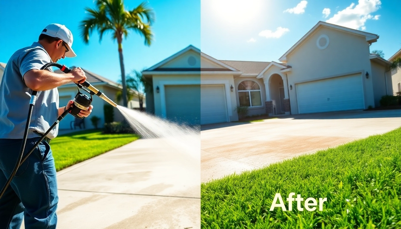 Driveway pressure wash service rejuvenating a concrete driveway in Kissimmee, FL.