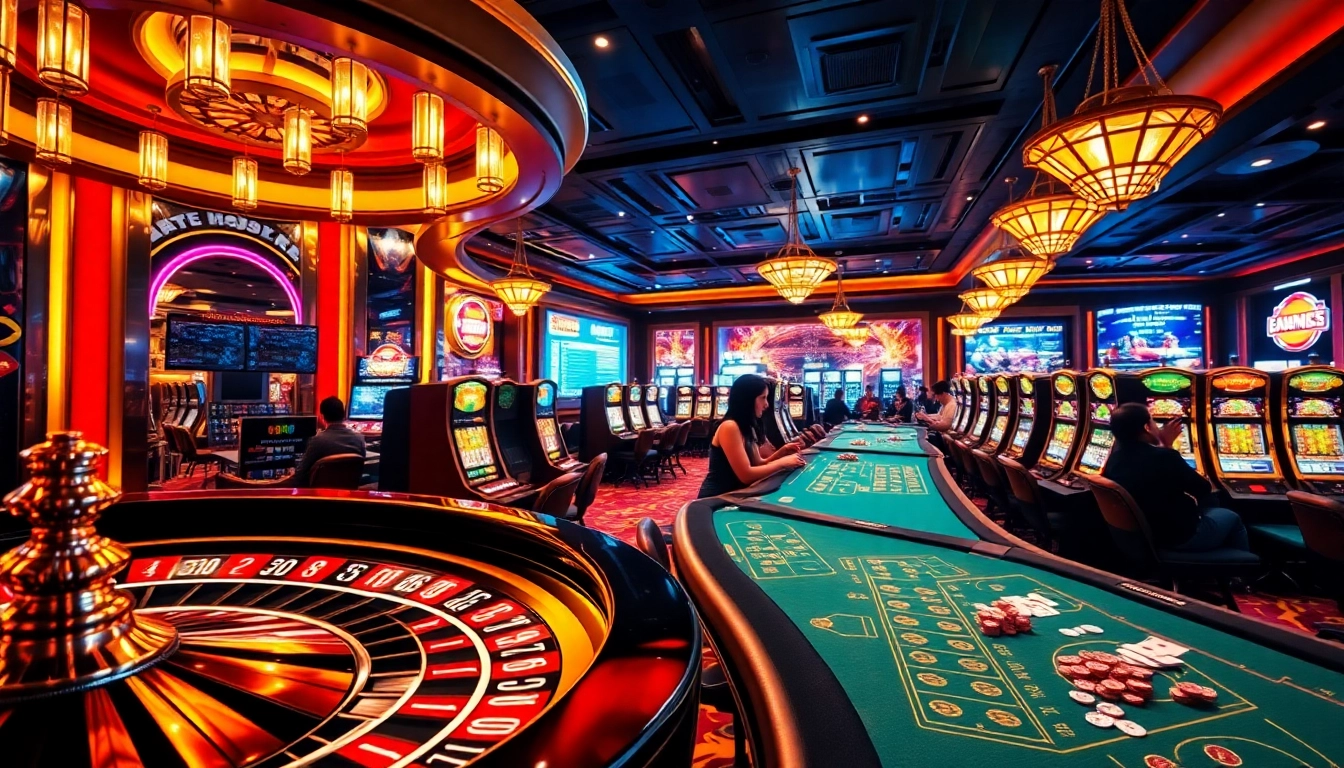 RR88 offers a luxurious gaming experience featuring roulette, poker, and slot machines in a vibrant casino.