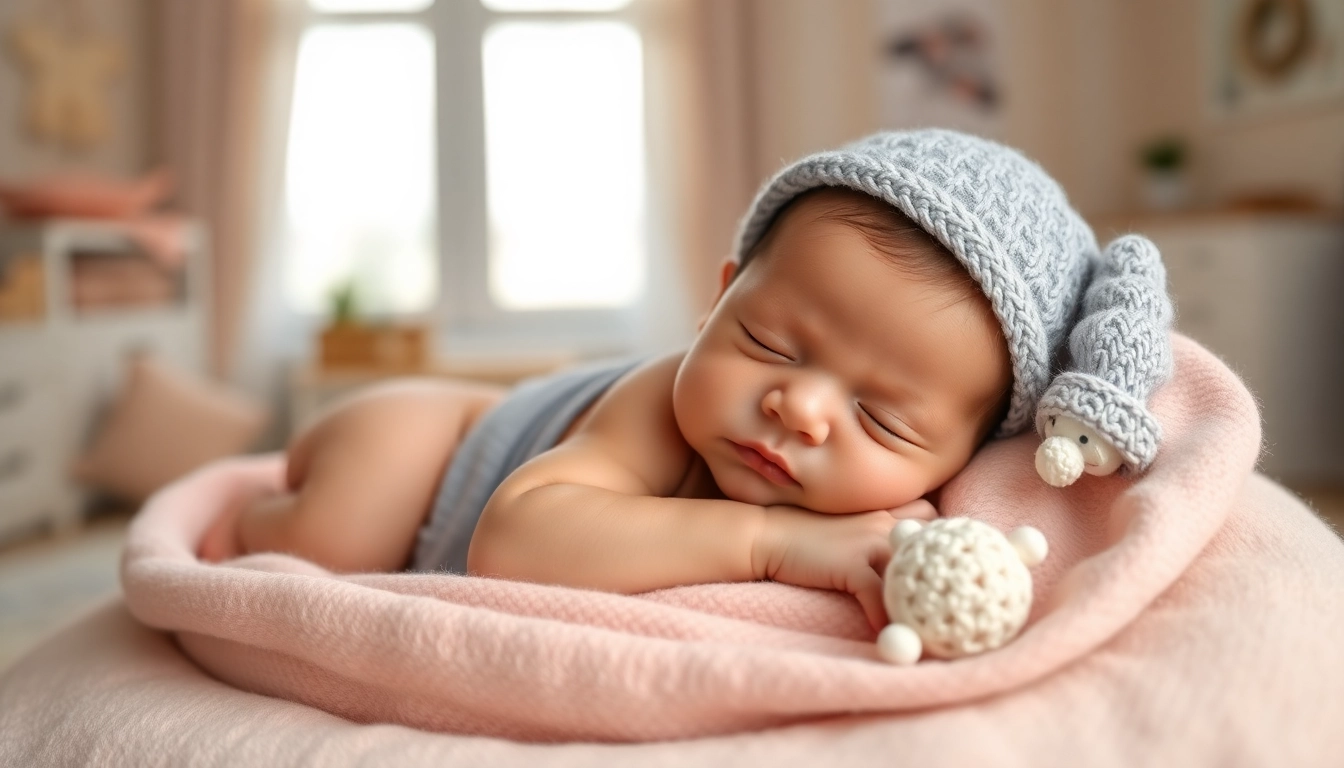 Behagliches Neugeborenen Babyshooting mit einem schlafenden Baby in sanften Farben.