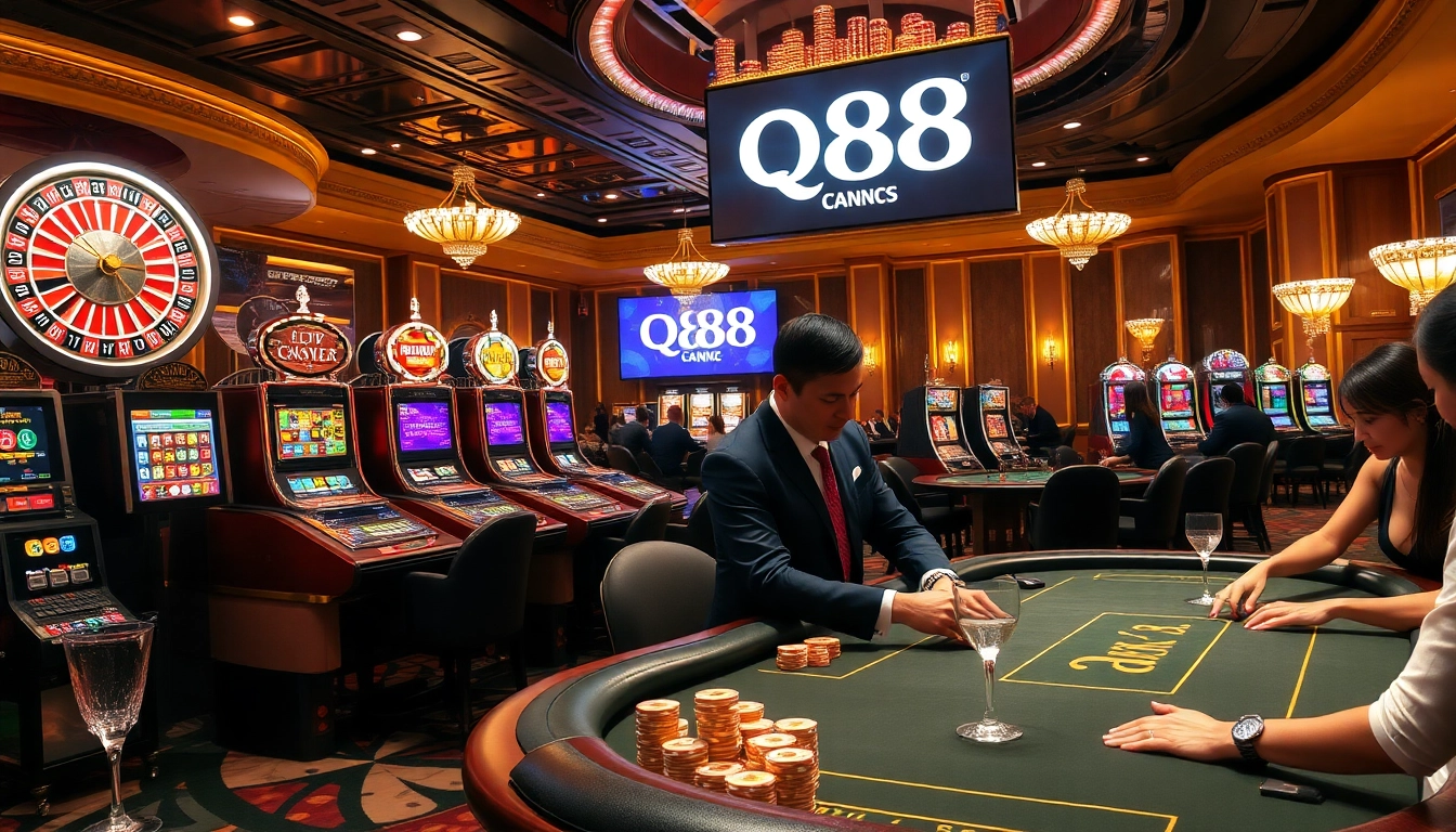 Engaged players enjoying the QH88 casino experience with roulette and poker tables.