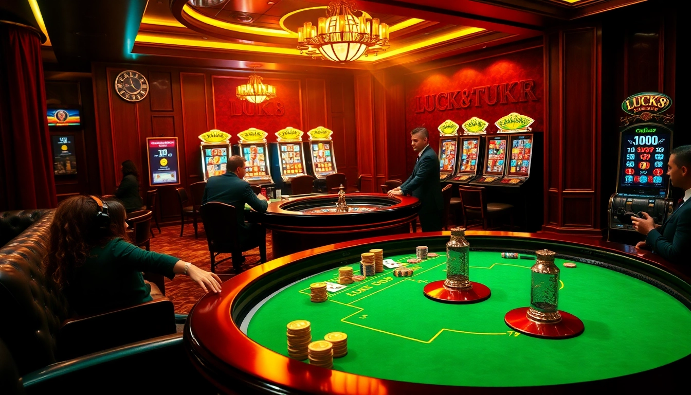 Players engaging with LUCK8 casino games while surrounded by luxurious gaming tables and vibrant atmosphere.