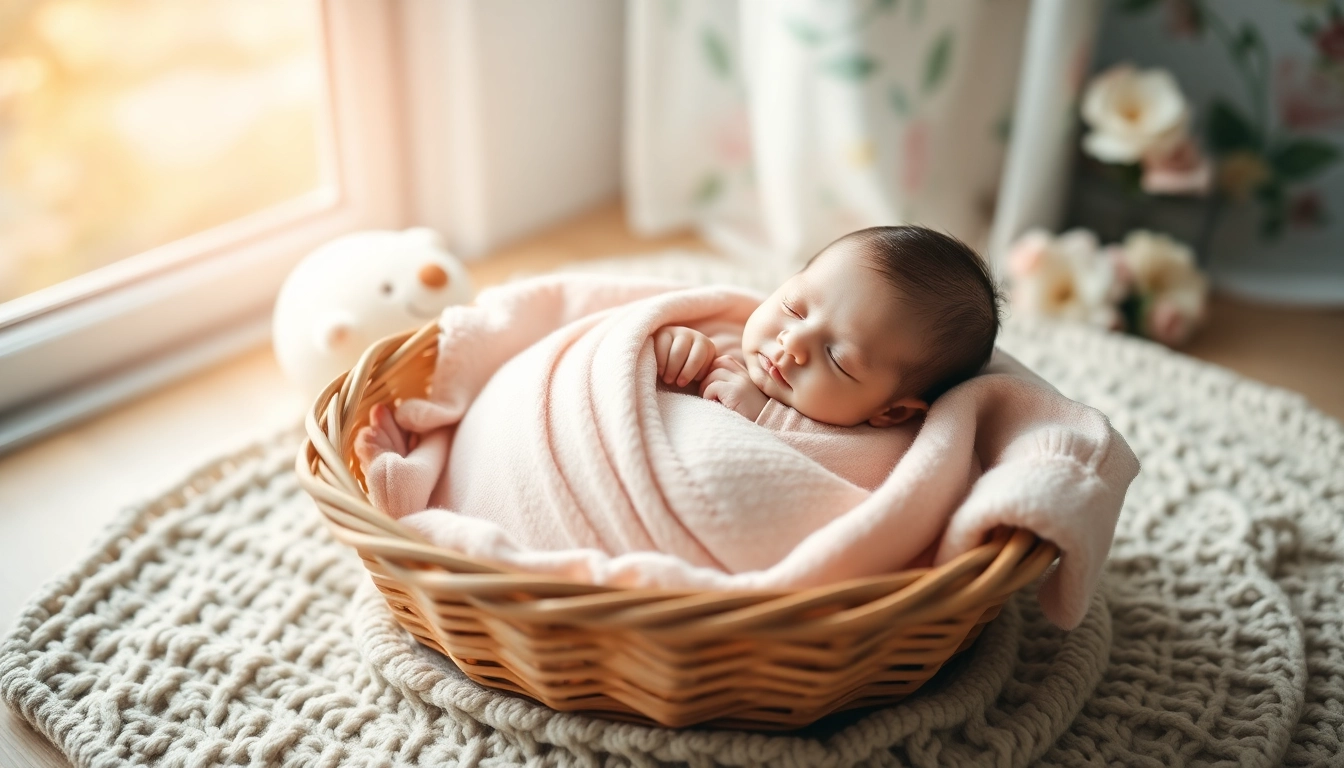 Neugeborenen Babyshooting in einem gemütlichen Korb mit sanften Pastellfarben.