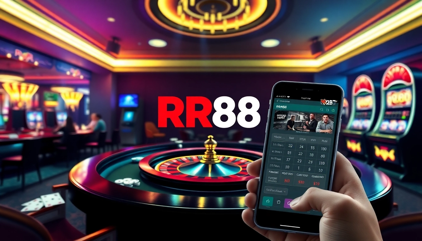RR88 casino scene showcasing roulette table, excited players, and vibrant gambling elements.