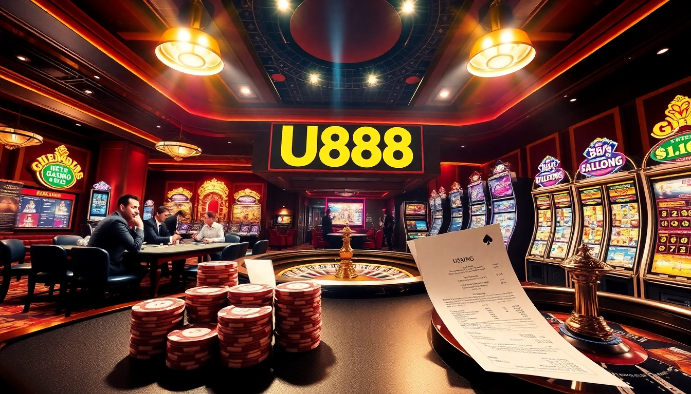 Exciting U888 online casino scene with poker tables, roulette, and slot machines showcasing luxury gaming.