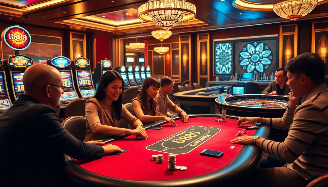 Action-packed U888 poker game with players enjoying a vibrant casino atmosphere.