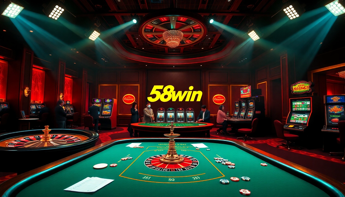 A thrilling scene of players enjoying games at an online casino, showcasing 58win com excitement and engagement.