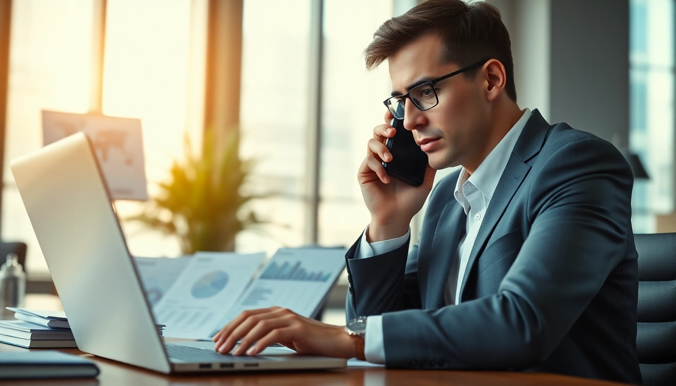 Headhunter Schweiz am Telefon in modernem Büro umgeben von Lebensläufen und Diagrammen