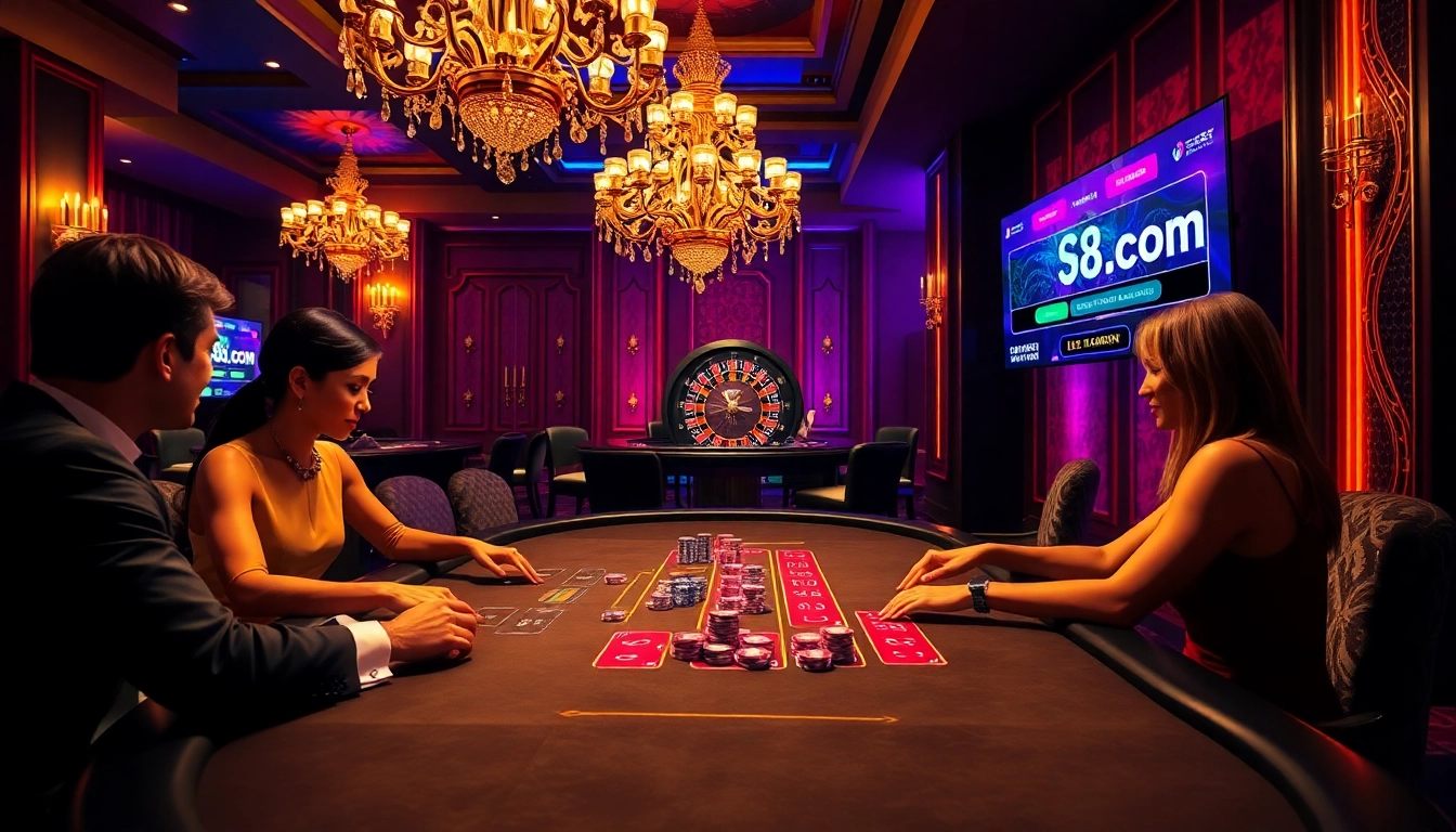 Experience the thrill of high-stakes poker at s8.com with elegant players and vibrant casino elements.