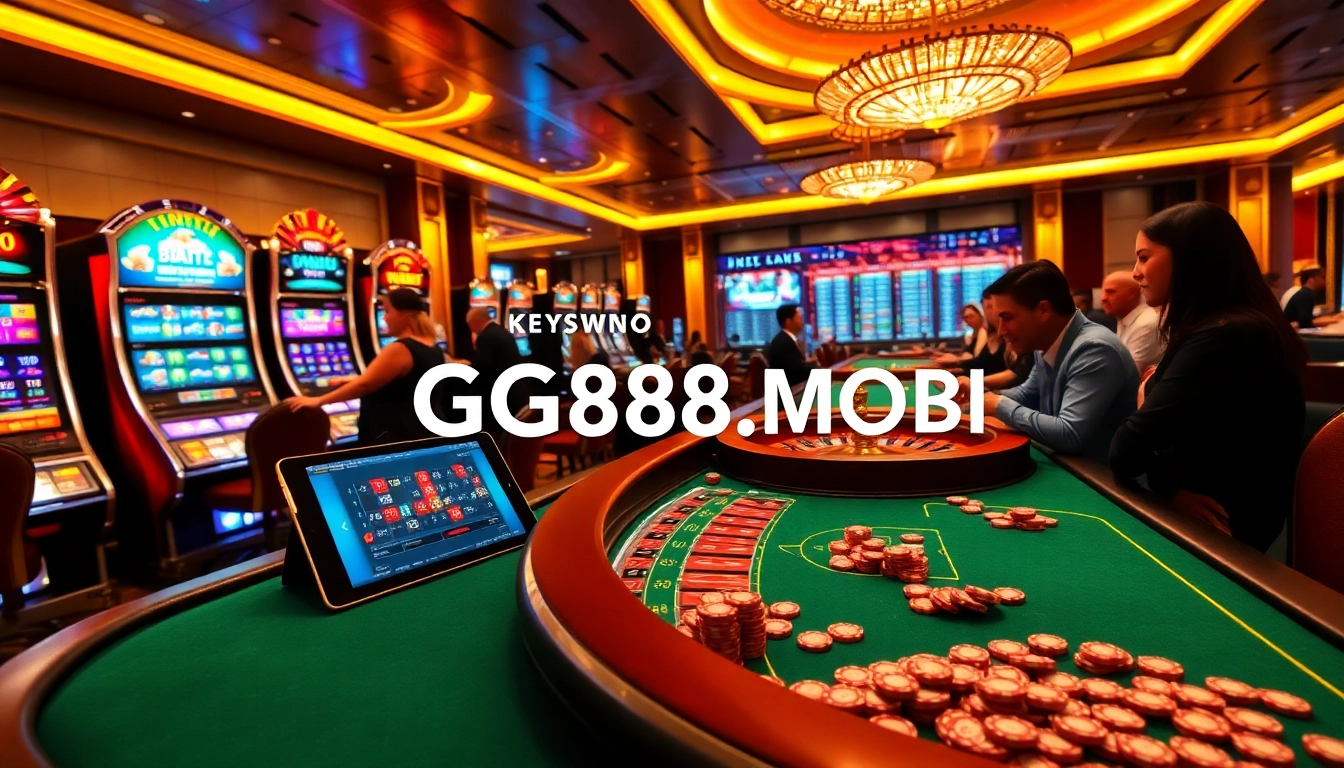 Players enjoying a vibrant casino atmosphere featuring GG88.MOBI, slot machines, and poker tables.