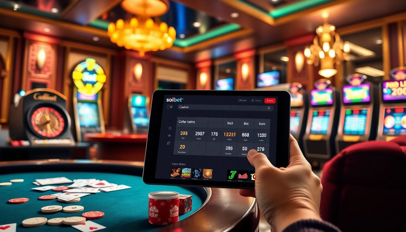 Exciting gambling scene with luxurious elements from เว็บตรง soibet, showcasing casino tables and slot machines.