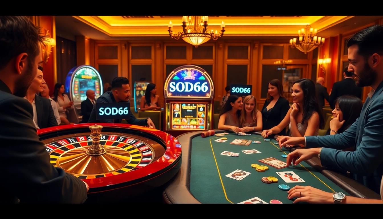 SODO66 casino players enjoying a thrilling gaming experience at roulette and poker tables.