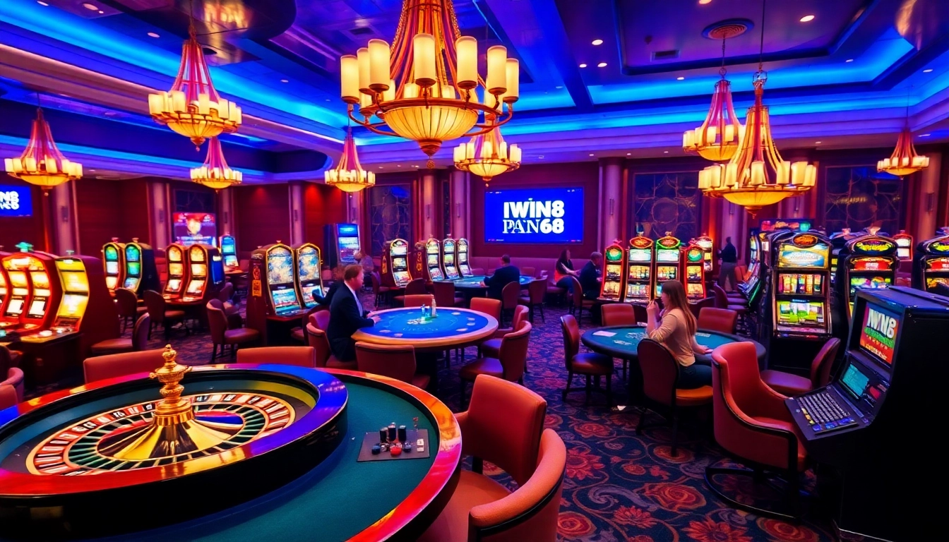 IWIN68 players enjoying a vibrant casino atmosphere with poker tables and slot machines.
