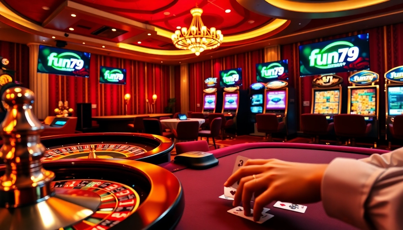 Players enjoying thrilling games at Fun79 casino, showcasing poker and slot machines.