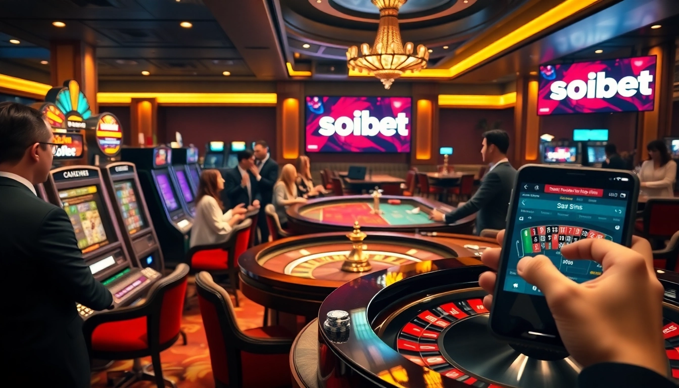 Experience the thrilling action at เว็บตรง soibet casino with players at poker and slot machines.