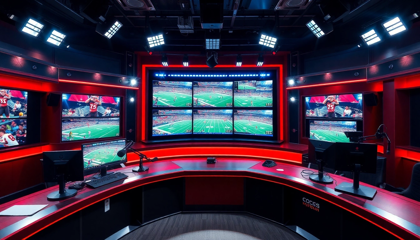 Capturing the essence of Sports Broadcasting in a vibrant studio with on-air excitement and live sports.