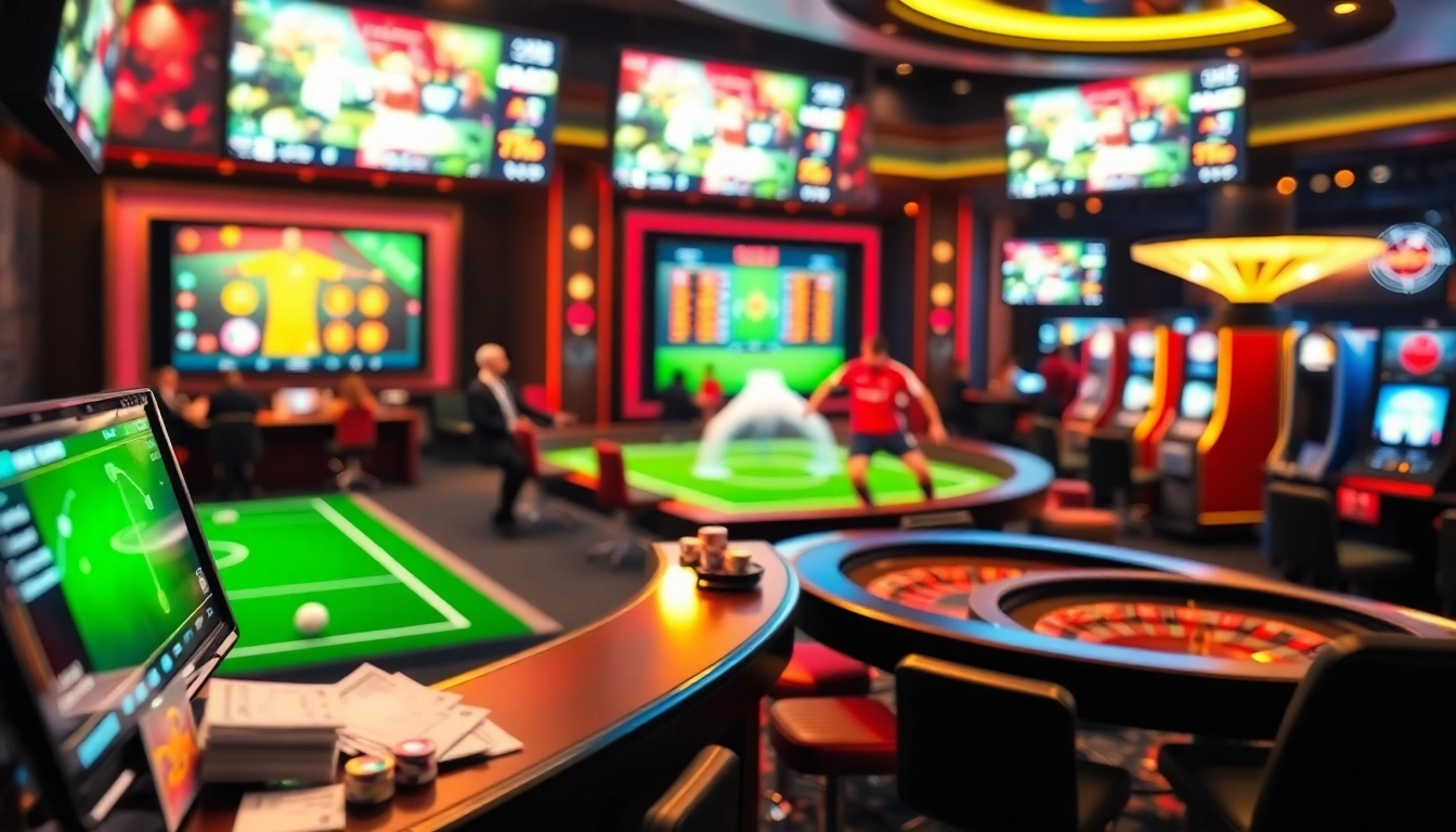 Kèo bóng đá hôm nay featured in a vibrant casino scene with betting slips and live odds.