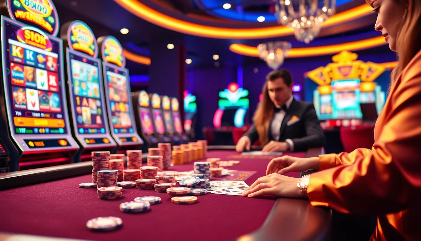 Experience thrilling gaming adventures at slot365 with vibrant slot machines and luxurious casino elements.