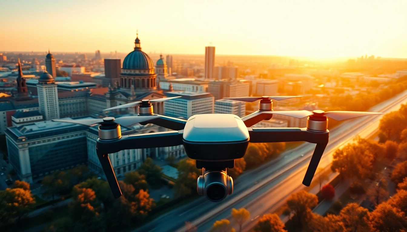 Drohnenvideos Berlin: Luftaufnahme der Berliner Skyline mit modernen und historischen Wahrzeichen.