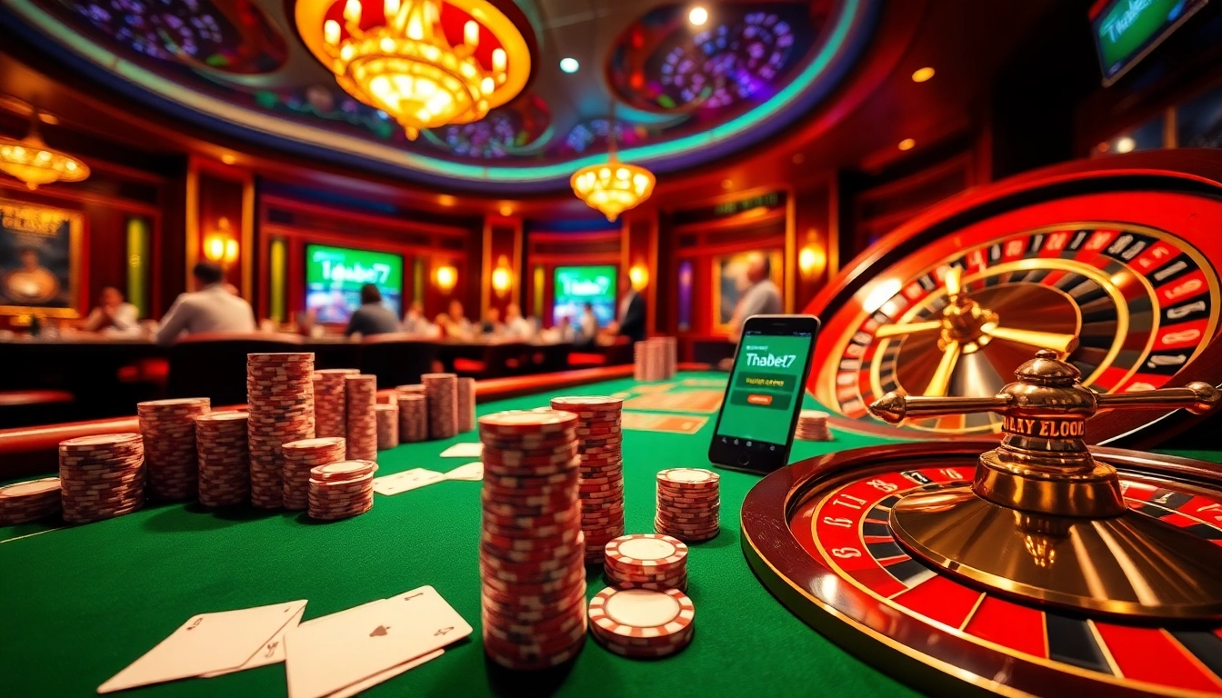 Action-packed gambling scene at Thabet77 casino featuring poker chips and a vibrant roulette wheel.