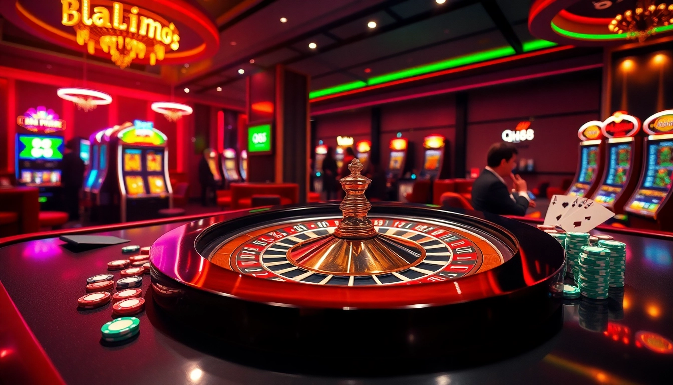 Players winning big at qh88 casino with roulette, poker cards, and vibrant slot machines.