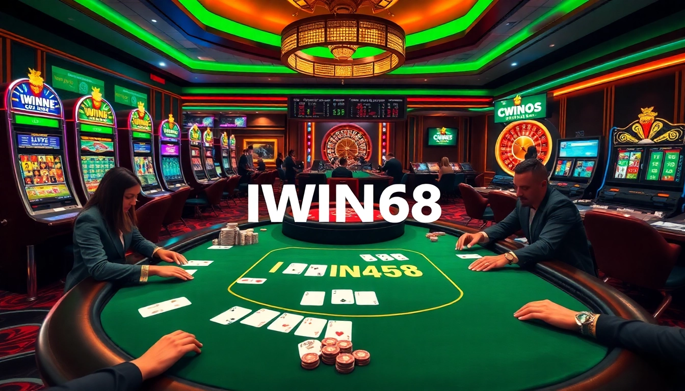 IWIN68 players winning at an elegant poker table with vibrant casino elements.