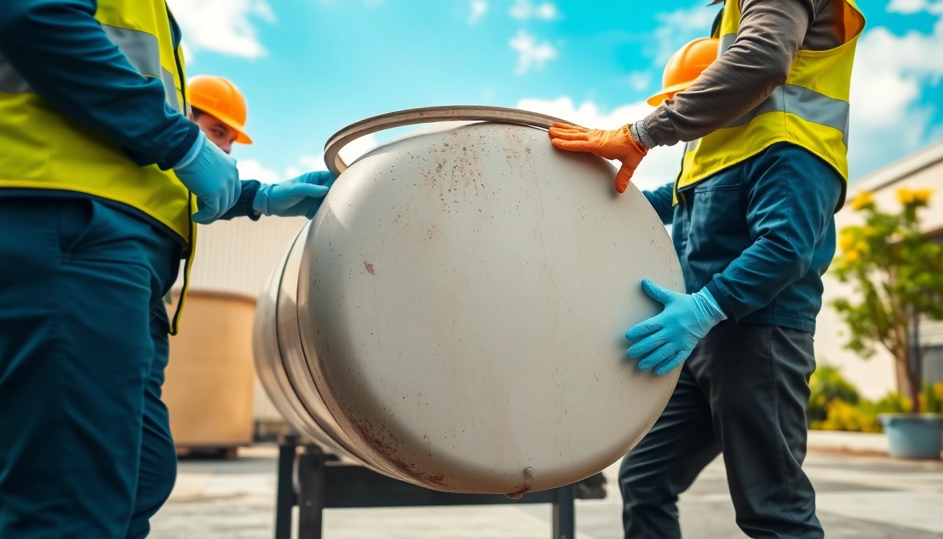 Öltank entsorgen Kosten von einem professionellen Team bei der Arbeit im Freien mit Sicherheitsausrüstung.