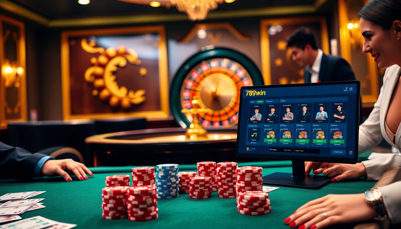 Engaged gamblers at a poker table showcase the 789win online betting experience amidst a vibrant casino atmosphere.