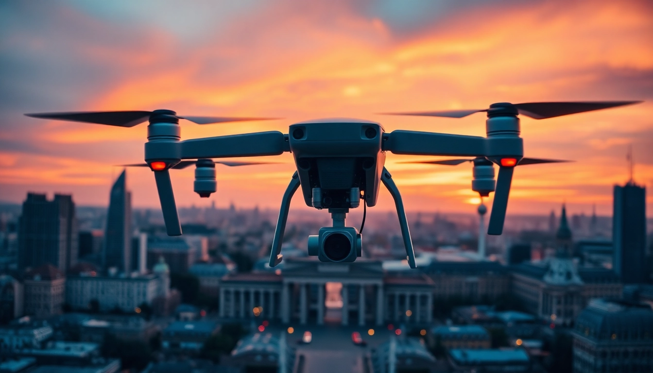 Drohnenvideos Berlin – Professionelle Drohne mit spektakulärem Berliner Stadtbild im Hintergrund.