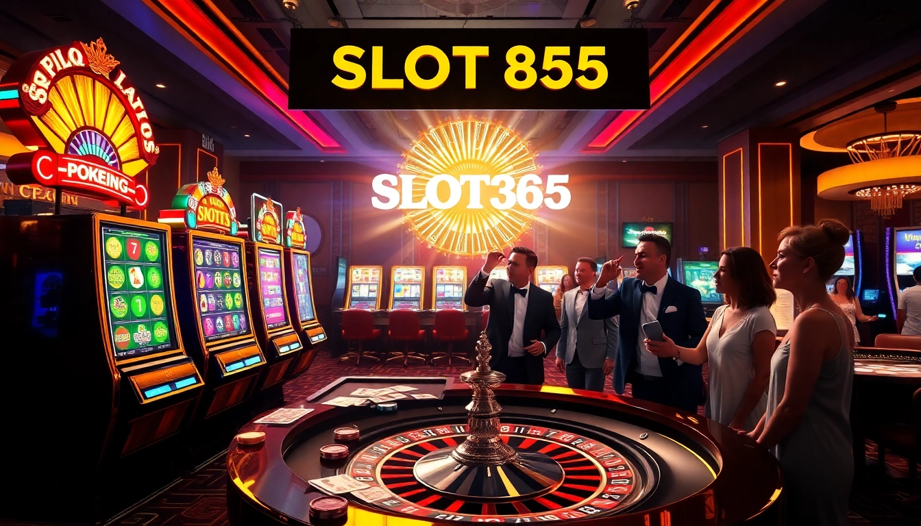 SLOT365 players engage in an exciting game at a vibrant casino table with chips and cards.