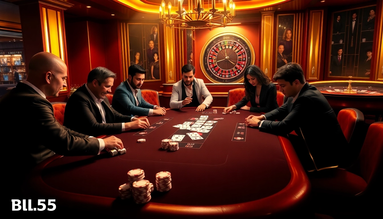 Players enjoy high-stakes poker at BL555 casino, showcasing vibrant chips and an engaging dealer.
