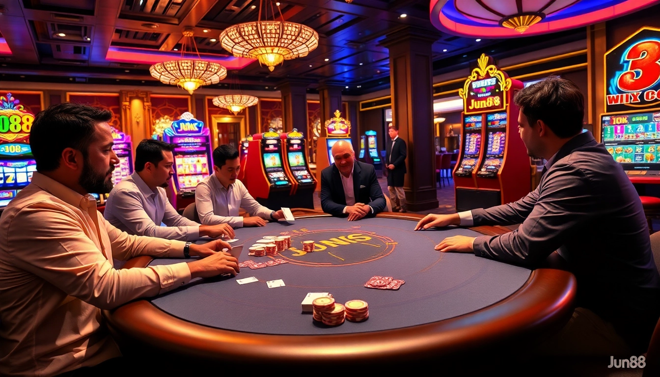Players engaging in an exciting poker game at Jun88 casino, showcasing vibrant slot machines and luxury elements.
