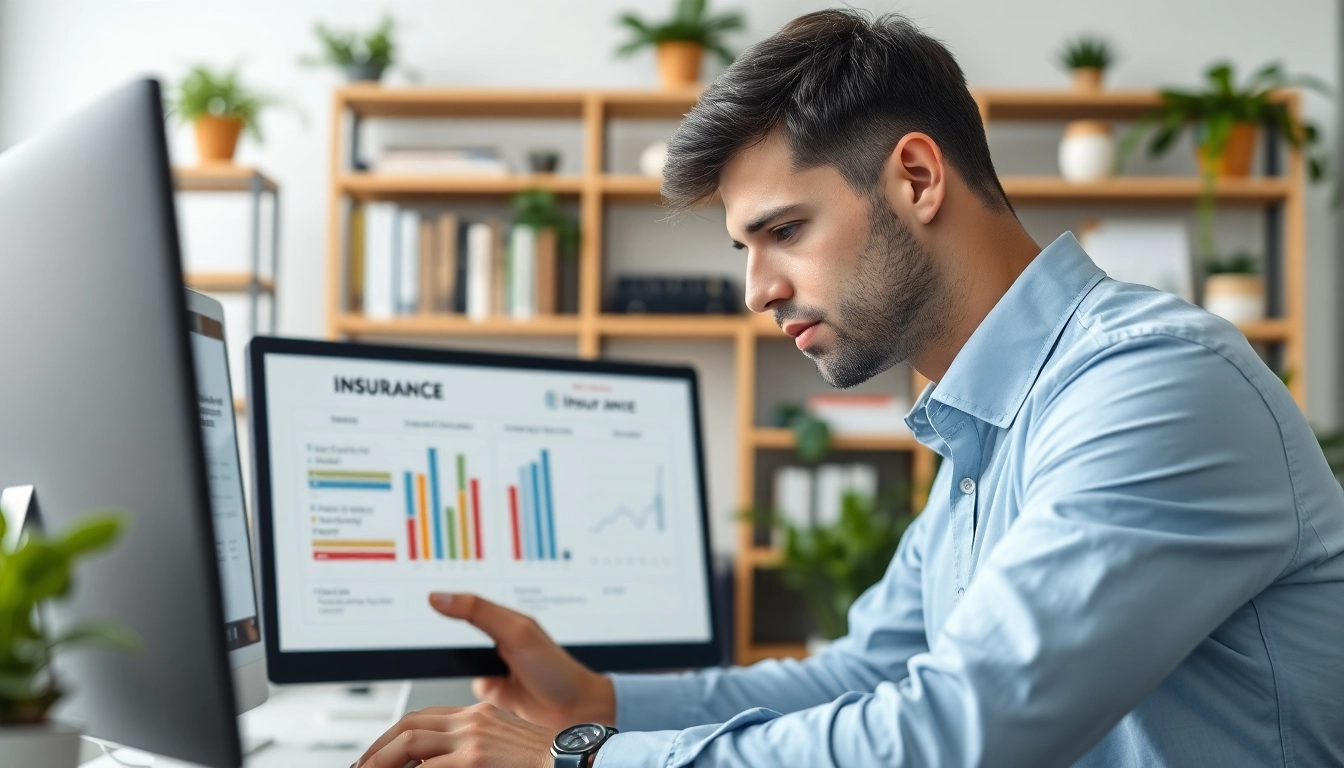 Versicherungen vergleichen mit einem Finanzberater in einem modernen Büro hinter einem Computer.