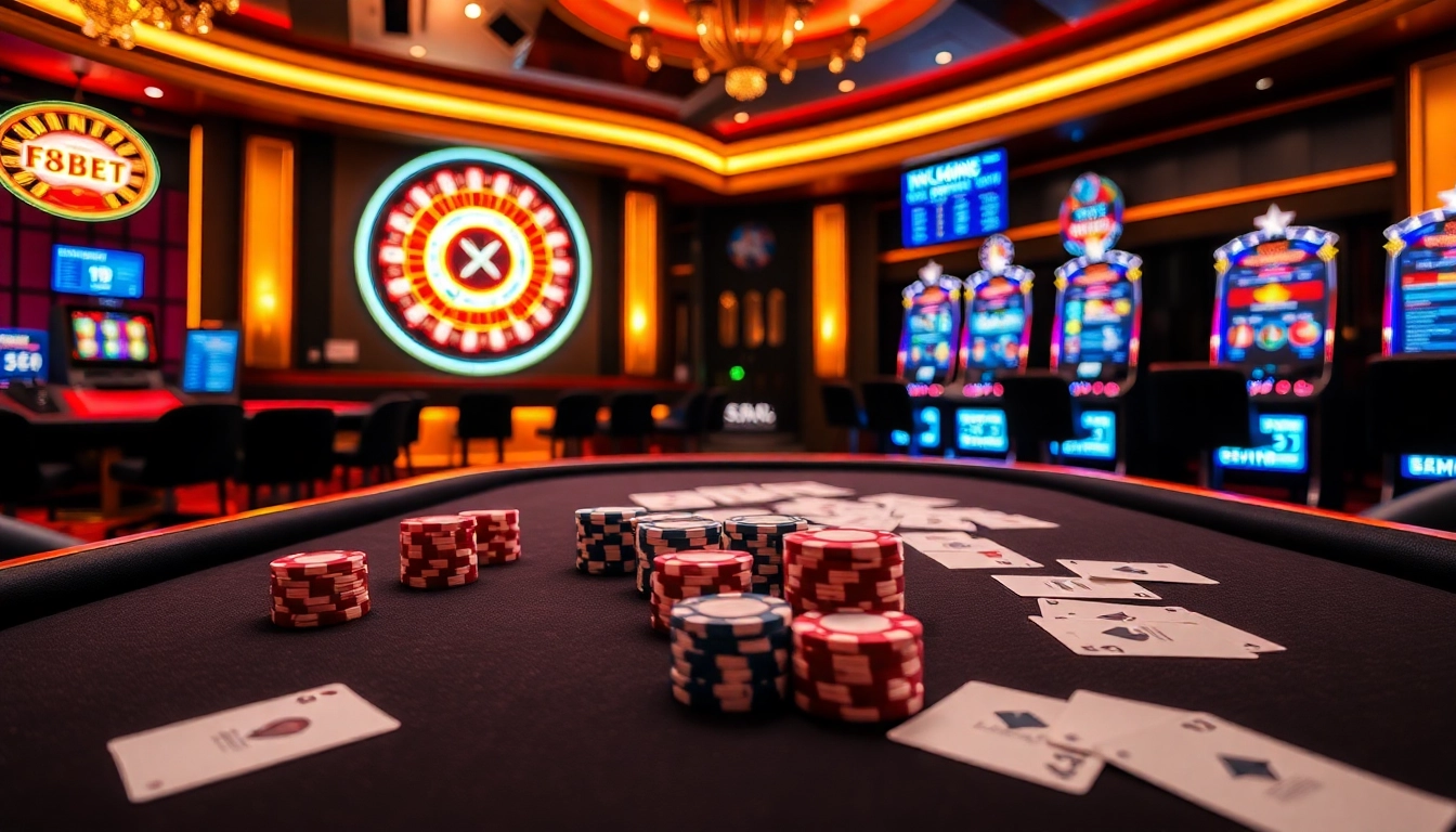 F8BET poker table with vibrant lighting and high-stakes gaming atmosphere